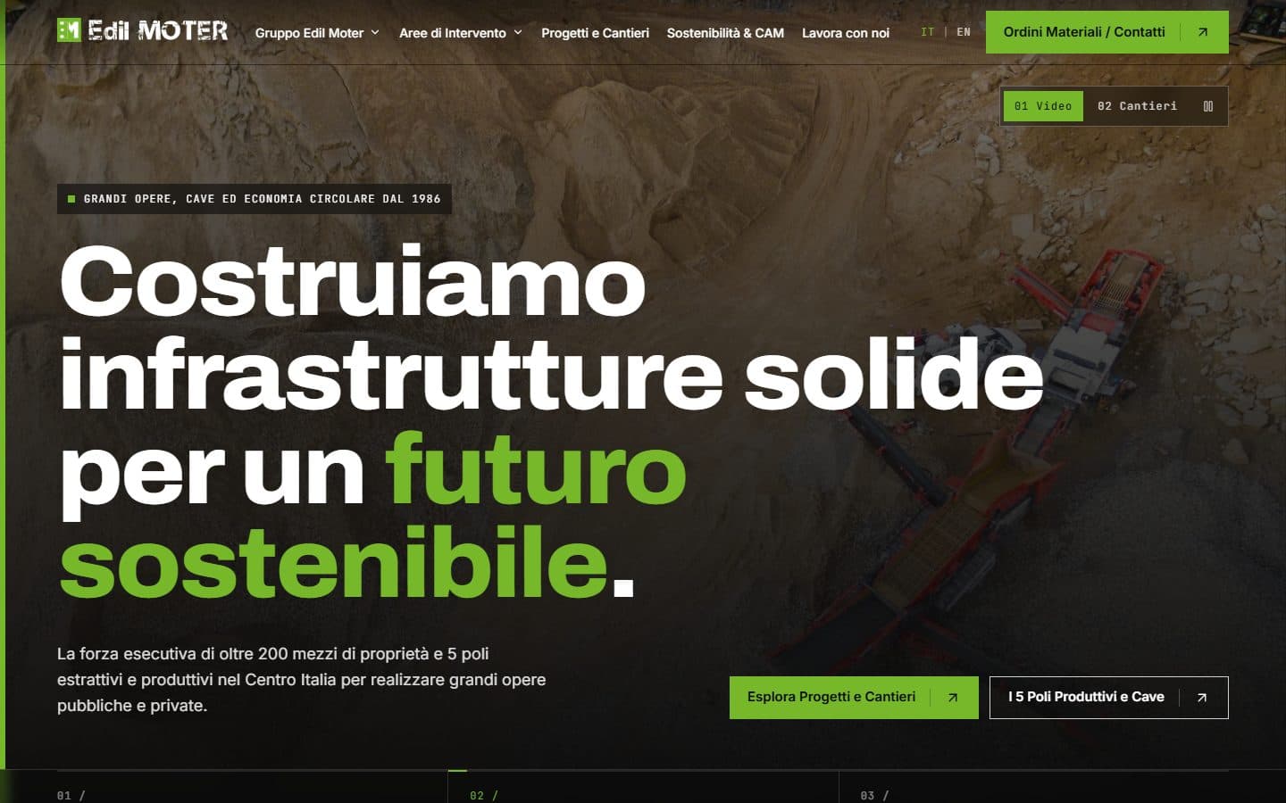 Edil Moter: la homepage del nuovo sito con la foto di una cava e il titolo principale