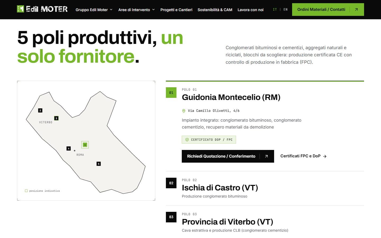 Sezione dei 5 poli produttivi con la mappa del Lazio e la richiesta di quotazione