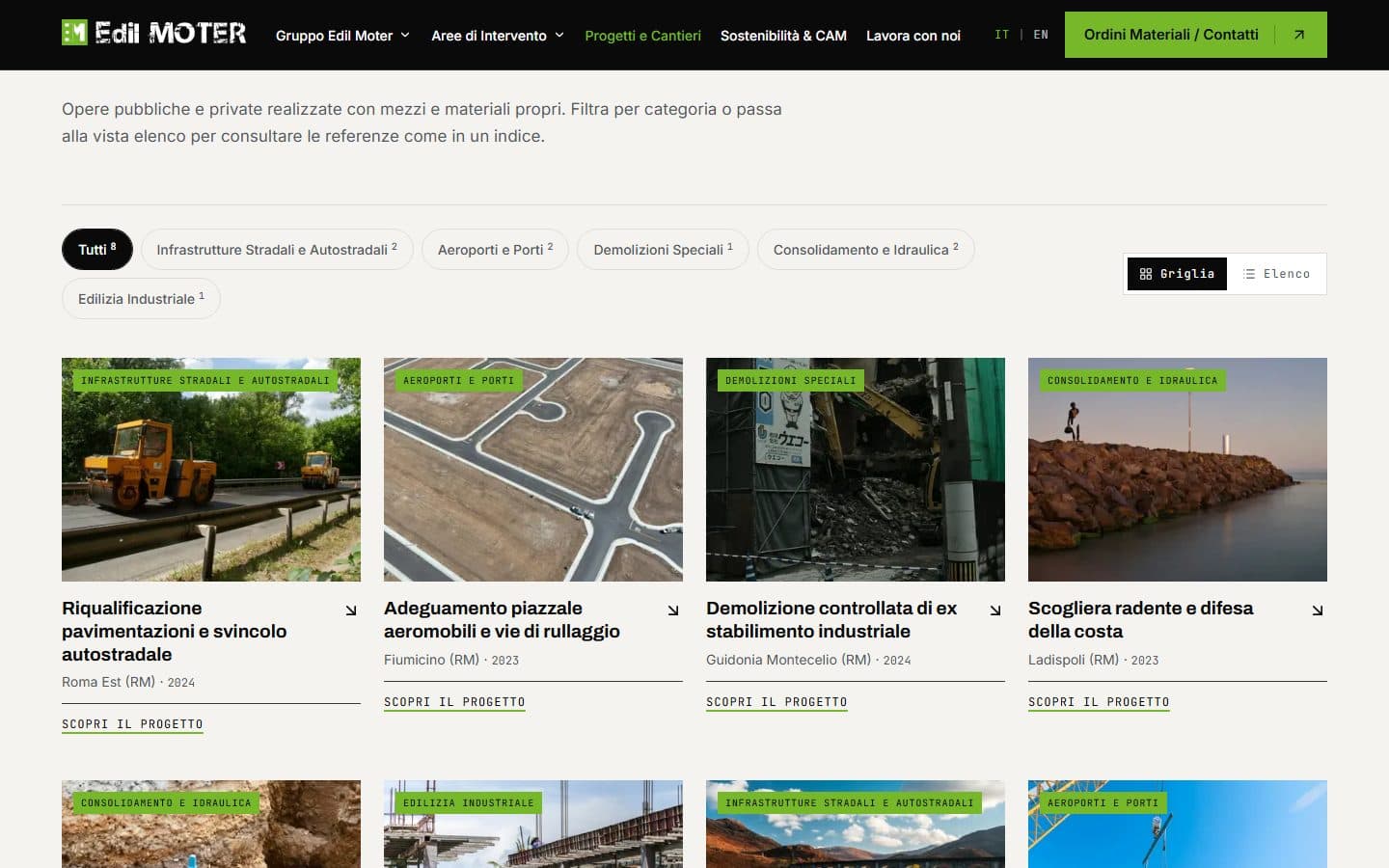 Pagina Progetti e Cantieri con filtri per categoria e interruttore griglia/elenco