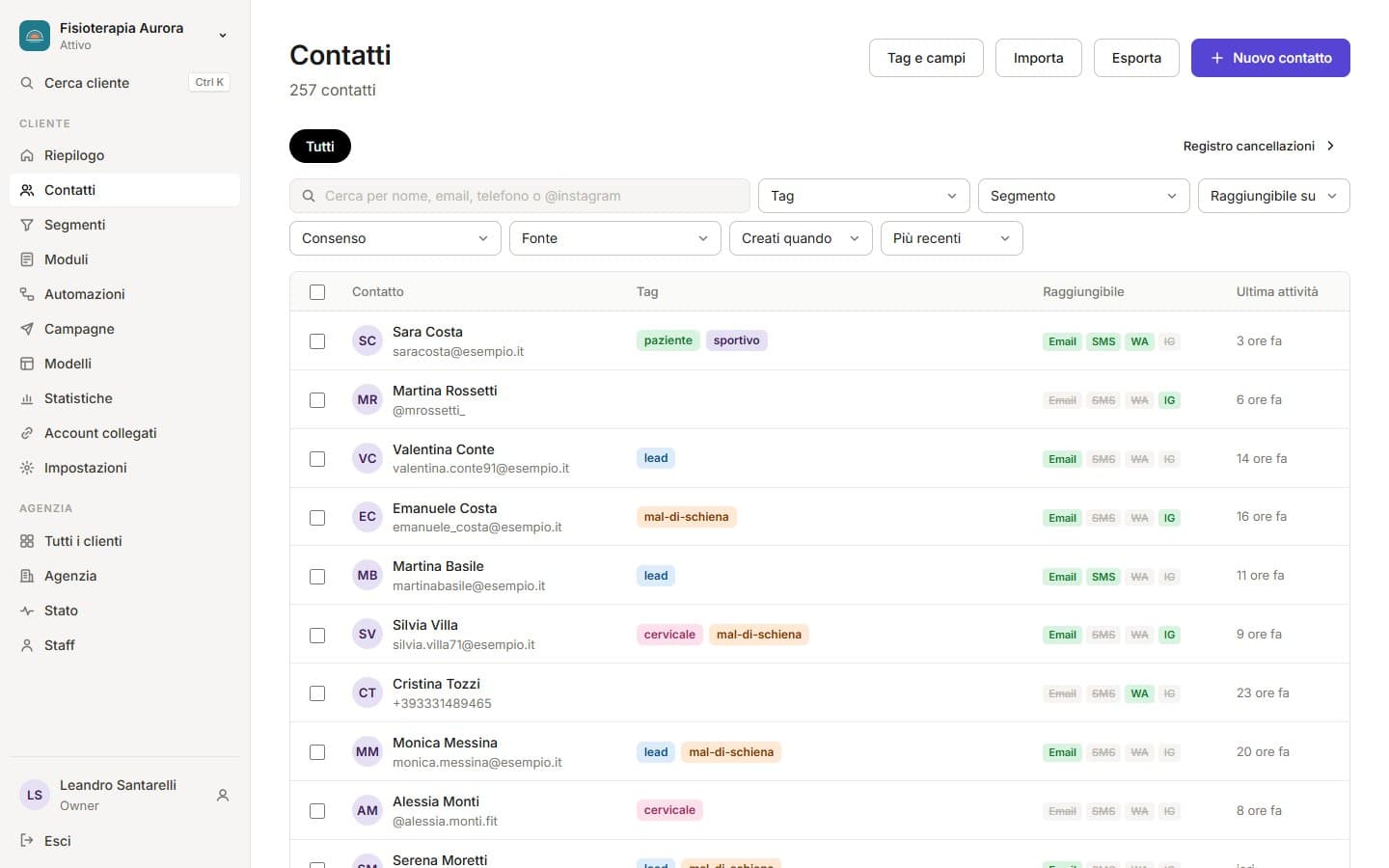 Elenco dei contatti di Marketing Automator con ricerca, filtri e tag