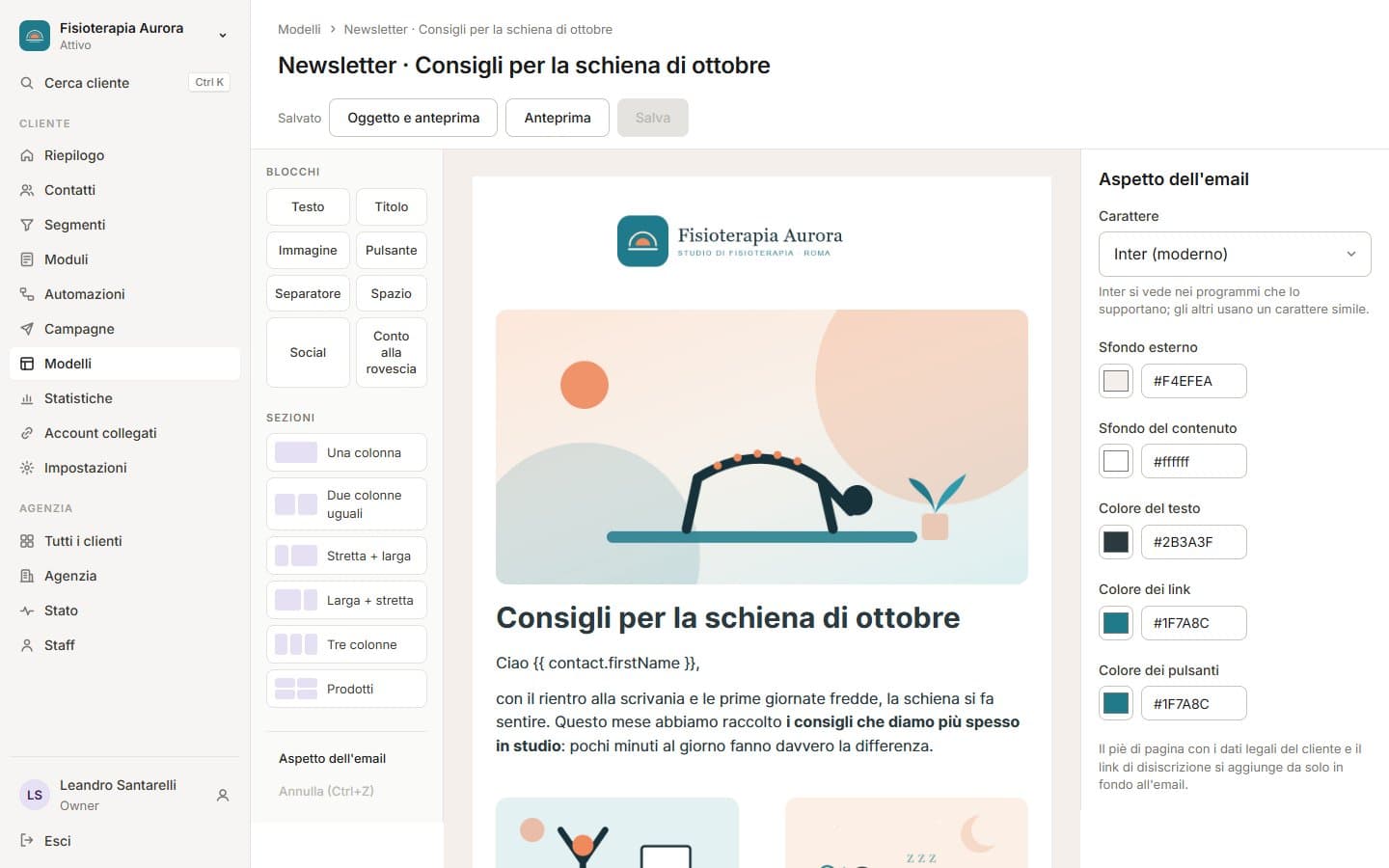 Editor delle email a blocchi di Marketing Automator con una newsletter in composizione