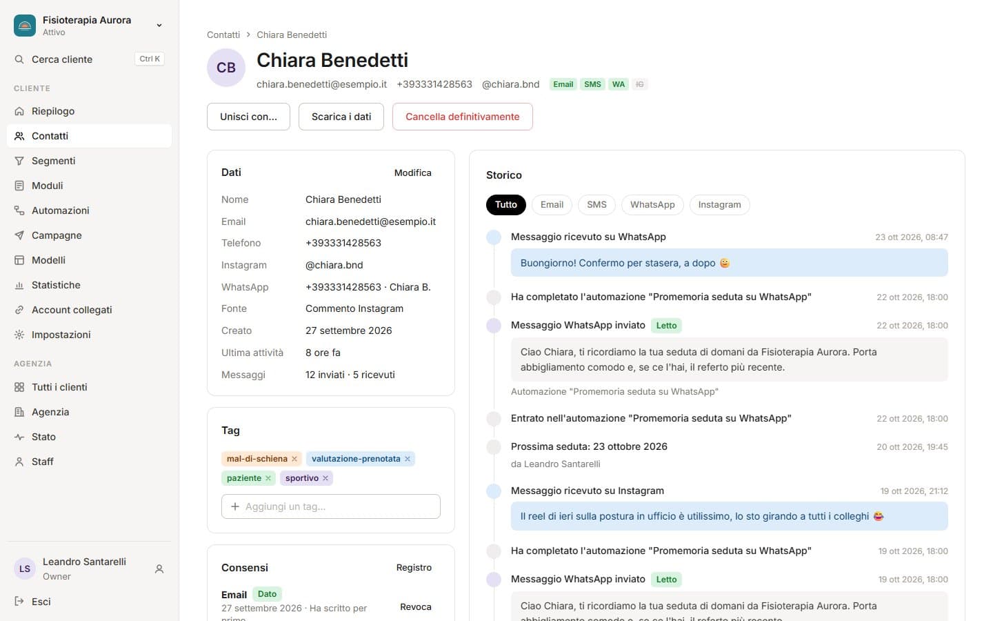 Scheda di un contatto in Marketing Automator con lo storico di messaggi, aperture, clic e automazioni
