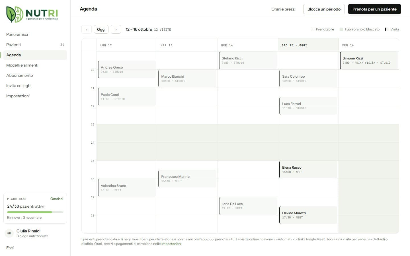 Agenda settimanale di Nutri con visite in studio e online