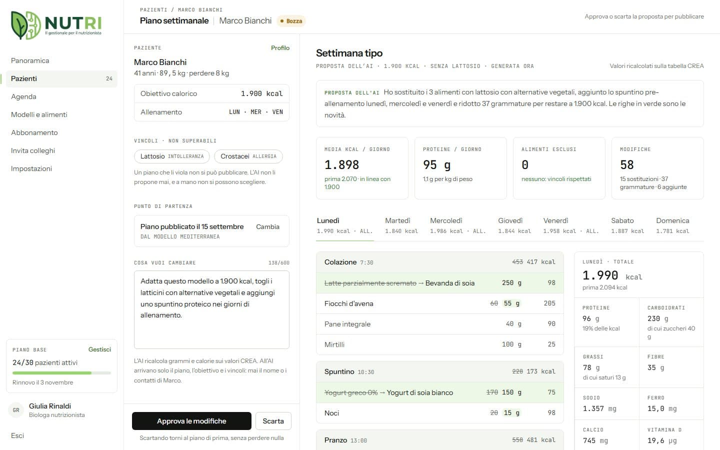 Nutri: l'editor del piano alimentare con la proposta dell'AI e il confronto prima/dopo