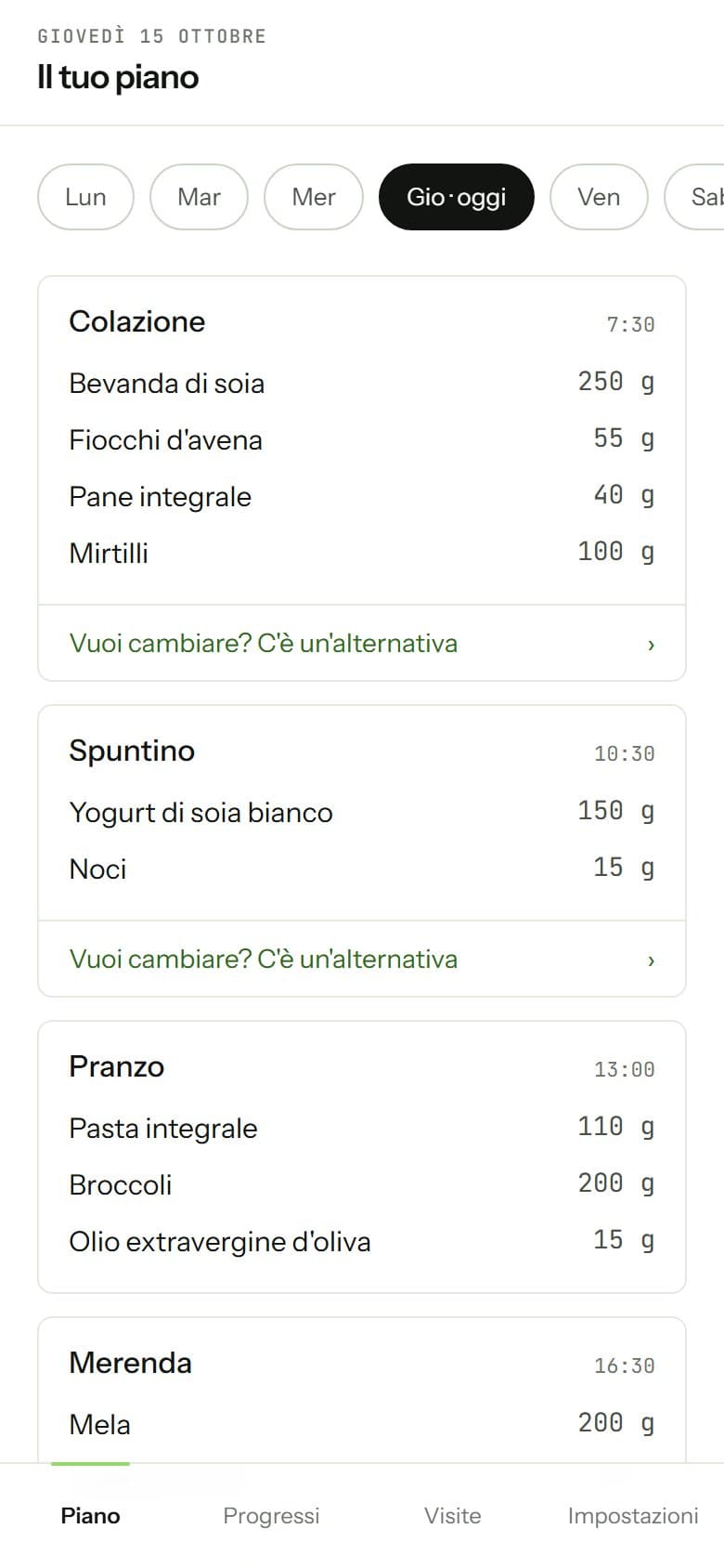 App paziente di Nutri: il piano di oggi diviso per pasti, con grammi e alternative