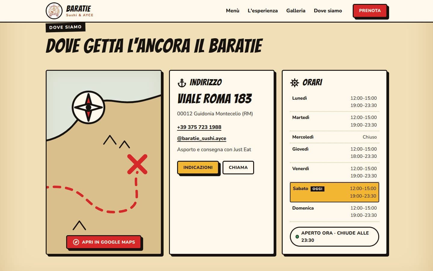 Sezione Dove siamo con mappa illustrata, indirizzo, contatti e orari con il giorno di oggi evidenziato
