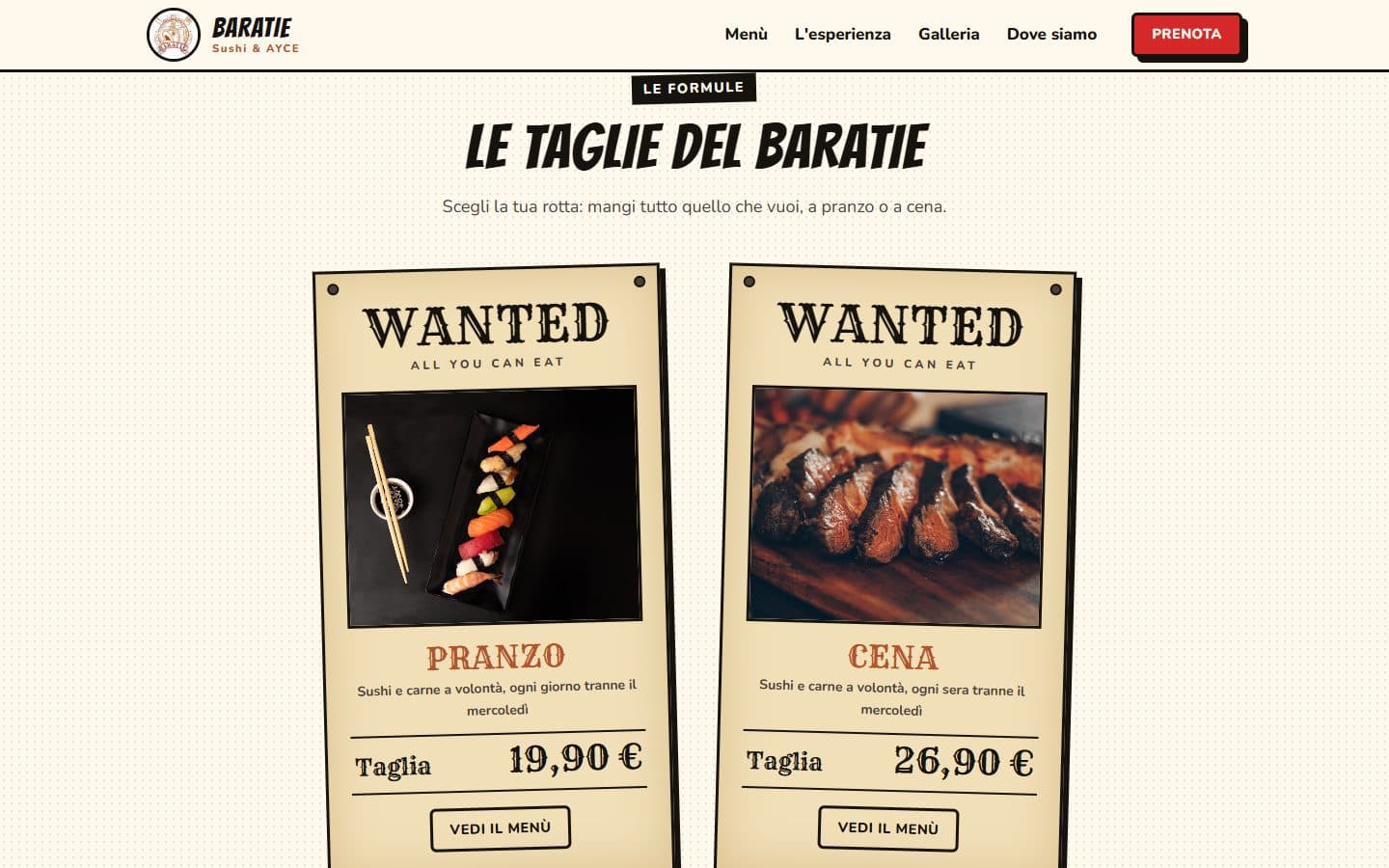 Le formule pranzo e cena presentate come avvisi di taglia WANTED, con il prezzo