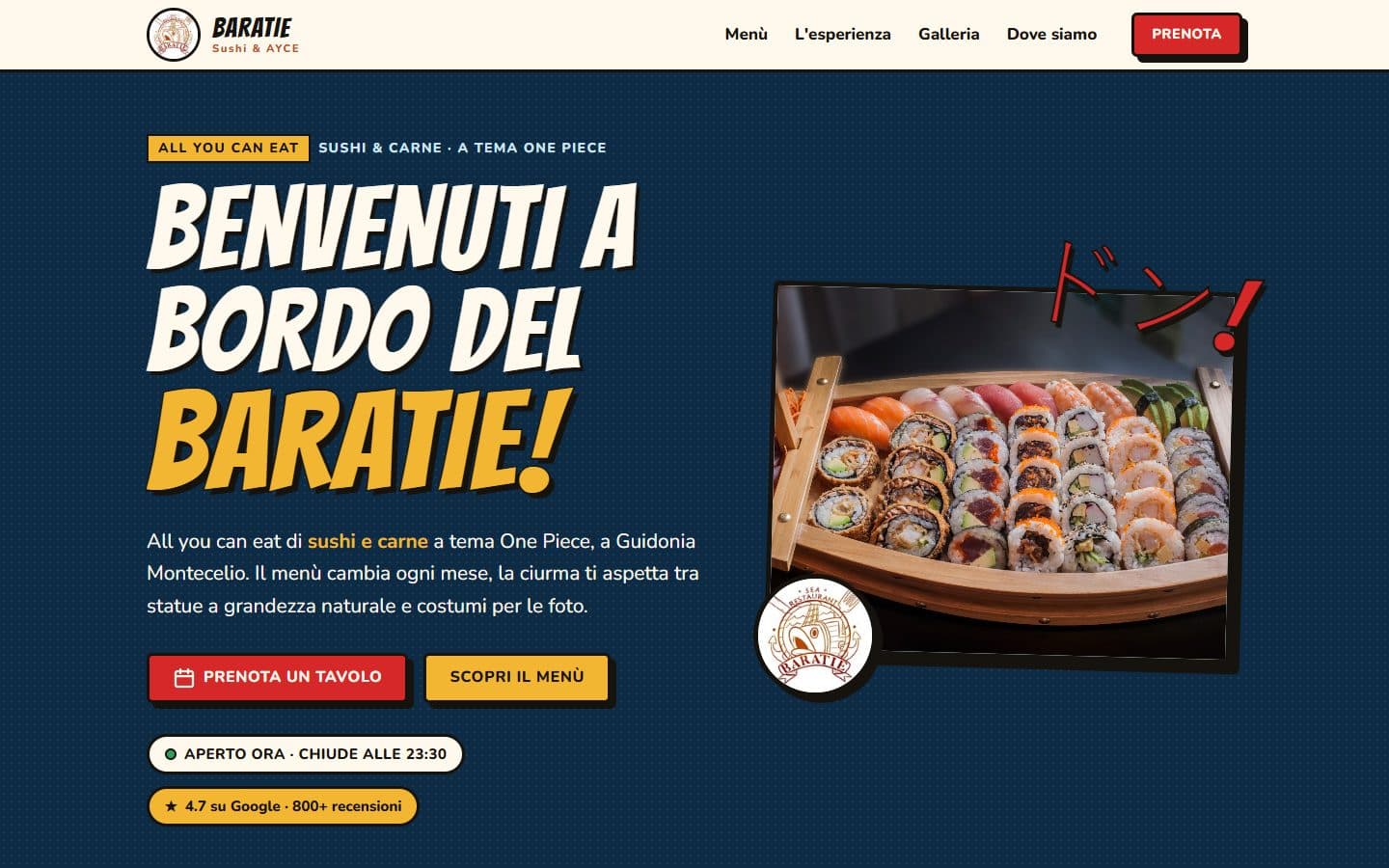 Home della riprogettazione del sito Baratie: titolo Benvenuti a bordo del Baratie, pulsanti di prenotazione e una barca di sushi