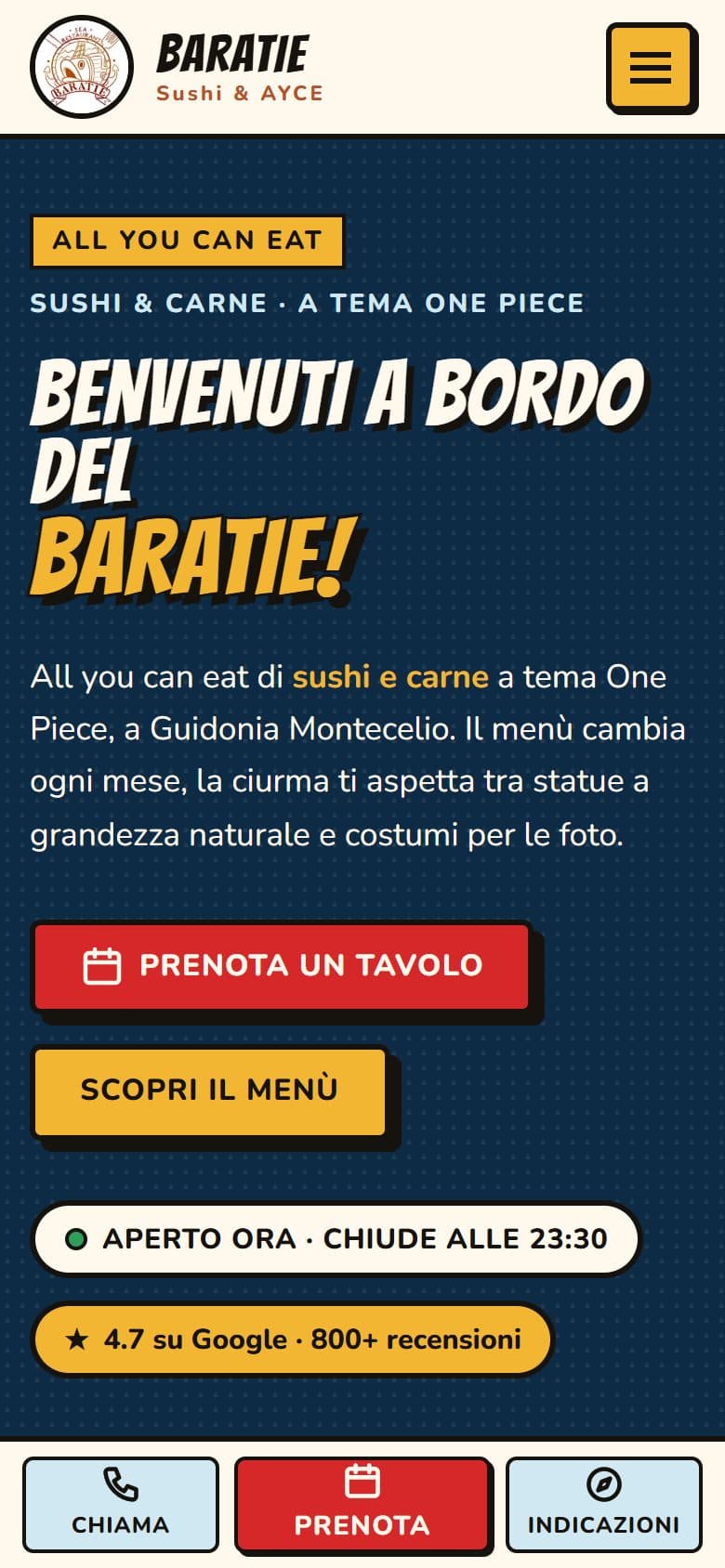 Home di Baratie vista da telefono, con la barra Chiama, Prenota e Indicazioni in basso