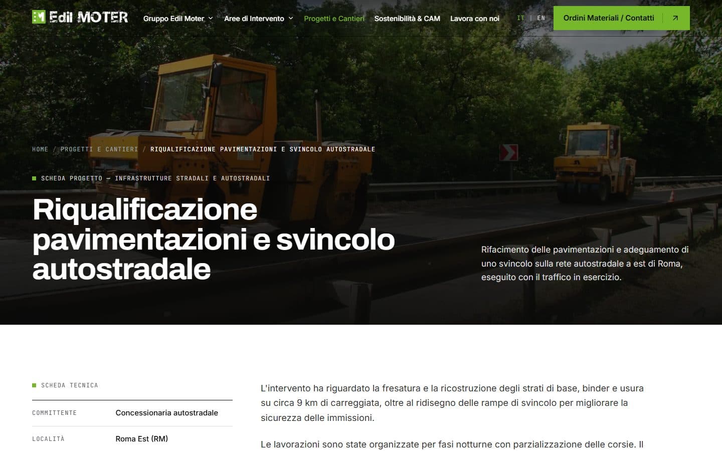 Scheda di un singolo cantiere con foto a tutta larghezza e scheda tecnica
